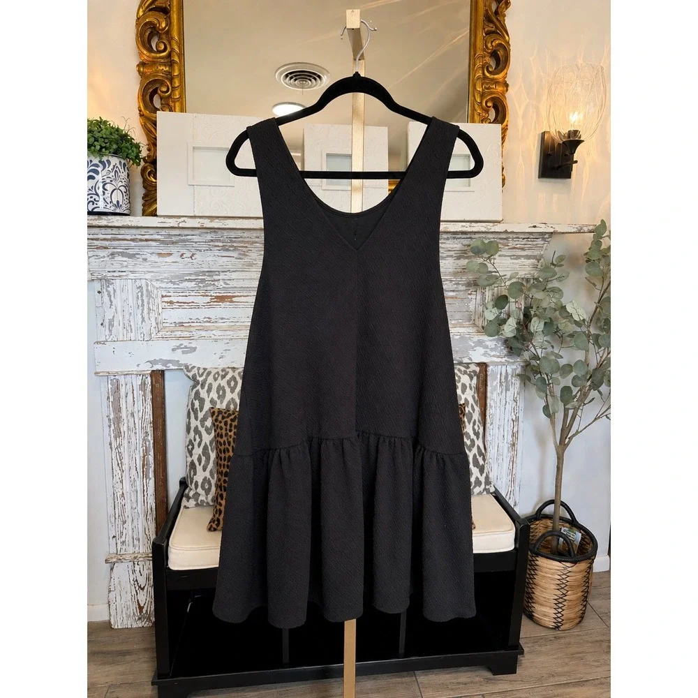 Free People Textured Jacquard Mini Dress Black Sleeveless Ruffle OB974804 L